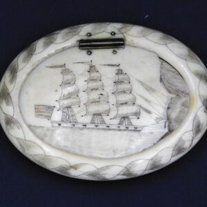 19th c. Scrimshaw Snuff Box with American Ship and Union Shield.