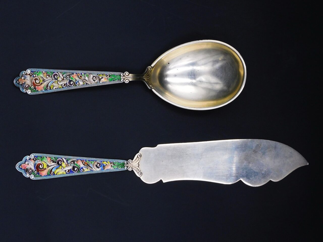 (2) Enameled Sterling Gorham Serving pcs